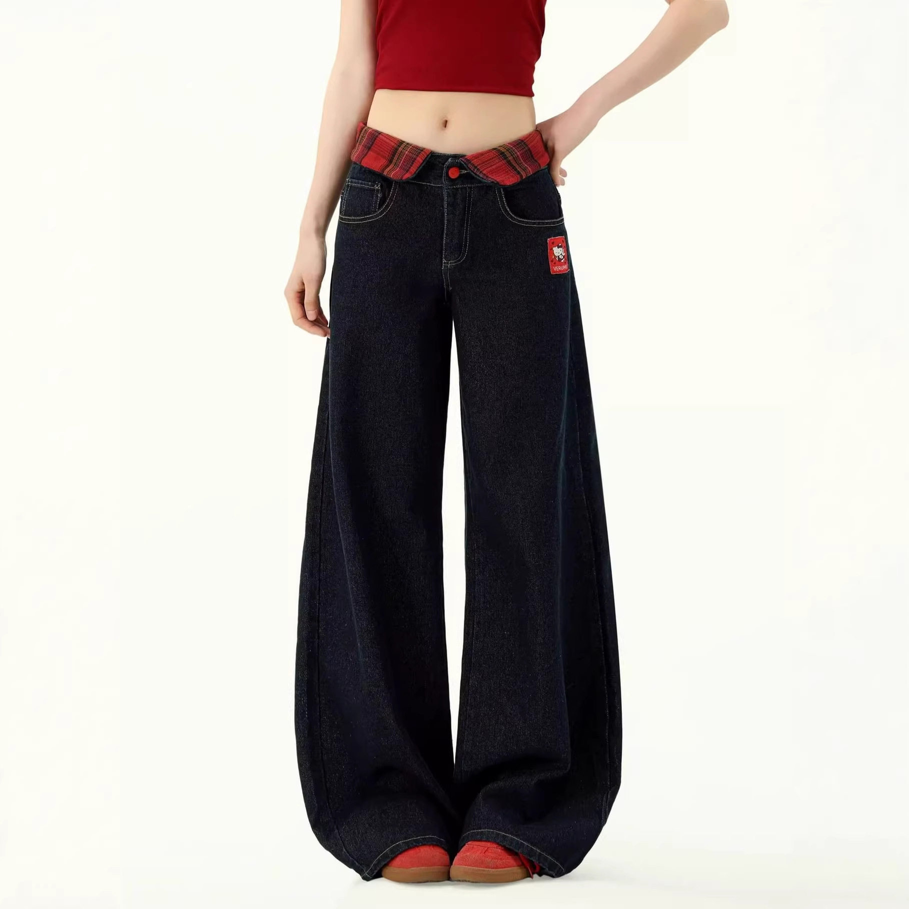 黑色直筒阔腿牛仔裤女款复古宽松直筒阔腿裤水洗垂感小个子裤子