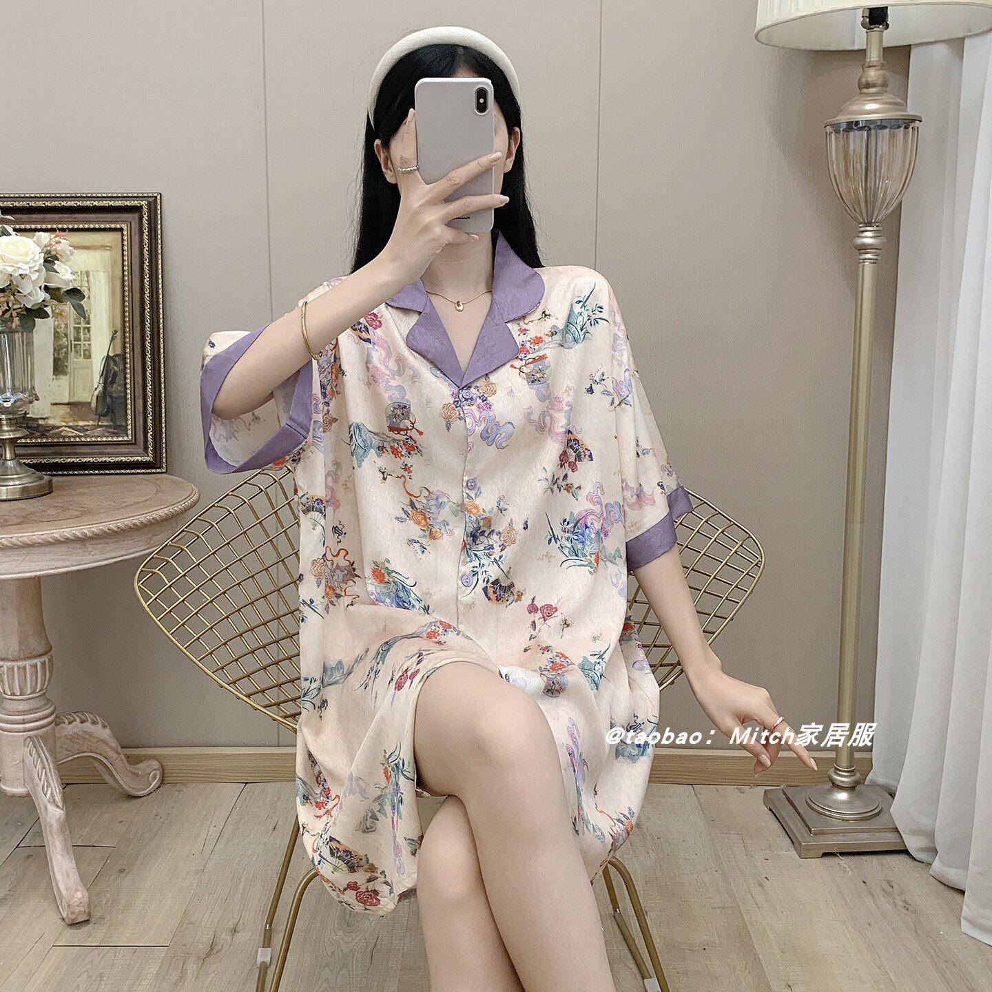 冰丝睡裙女夏季短袖薄款中长款国风衬衫裙丝绸家居服夏天睡衣裙女