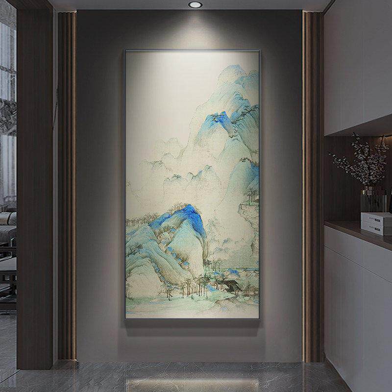 新中式入户玄关装饰画千里江山图竖版山水画楼梯挂画走廊过道壁画