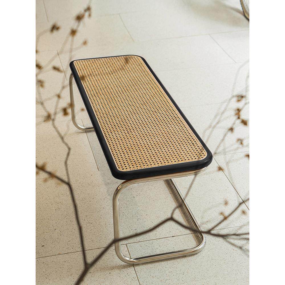 实木覆中古风藤编长条凳双人餐桌长椅法式入户黑色换鞋床尾长凳子