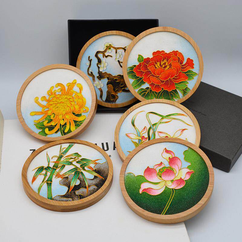 成品|杯垫材料包 梅兰竹菊掐丝珐瑯diy定制团建入门礼品礼物作业