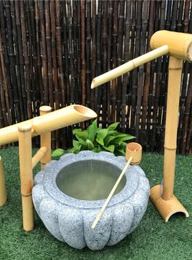 竹震鹿水壶日式引财宝石碗水碗花园水泵碗户外庭院石槽竹饰