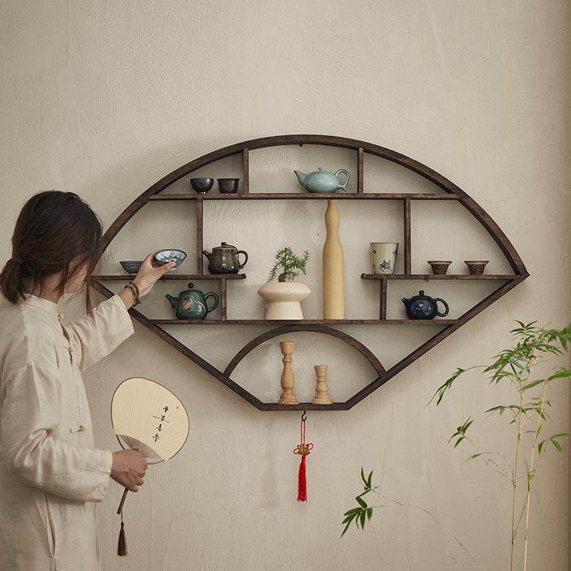扇形实木壁挂式博古架新中式多宝阁挂墙简约茶壶架子古董架置物架