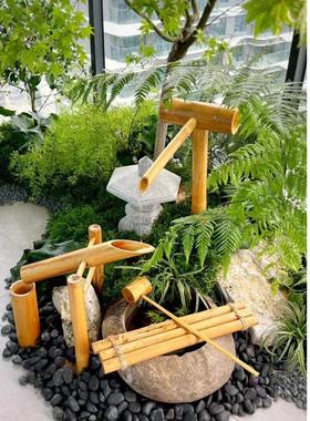 庭院饰品日式竹制流水太阳能鱼过滤器循环黄色和尚鱼池石碗吓人的