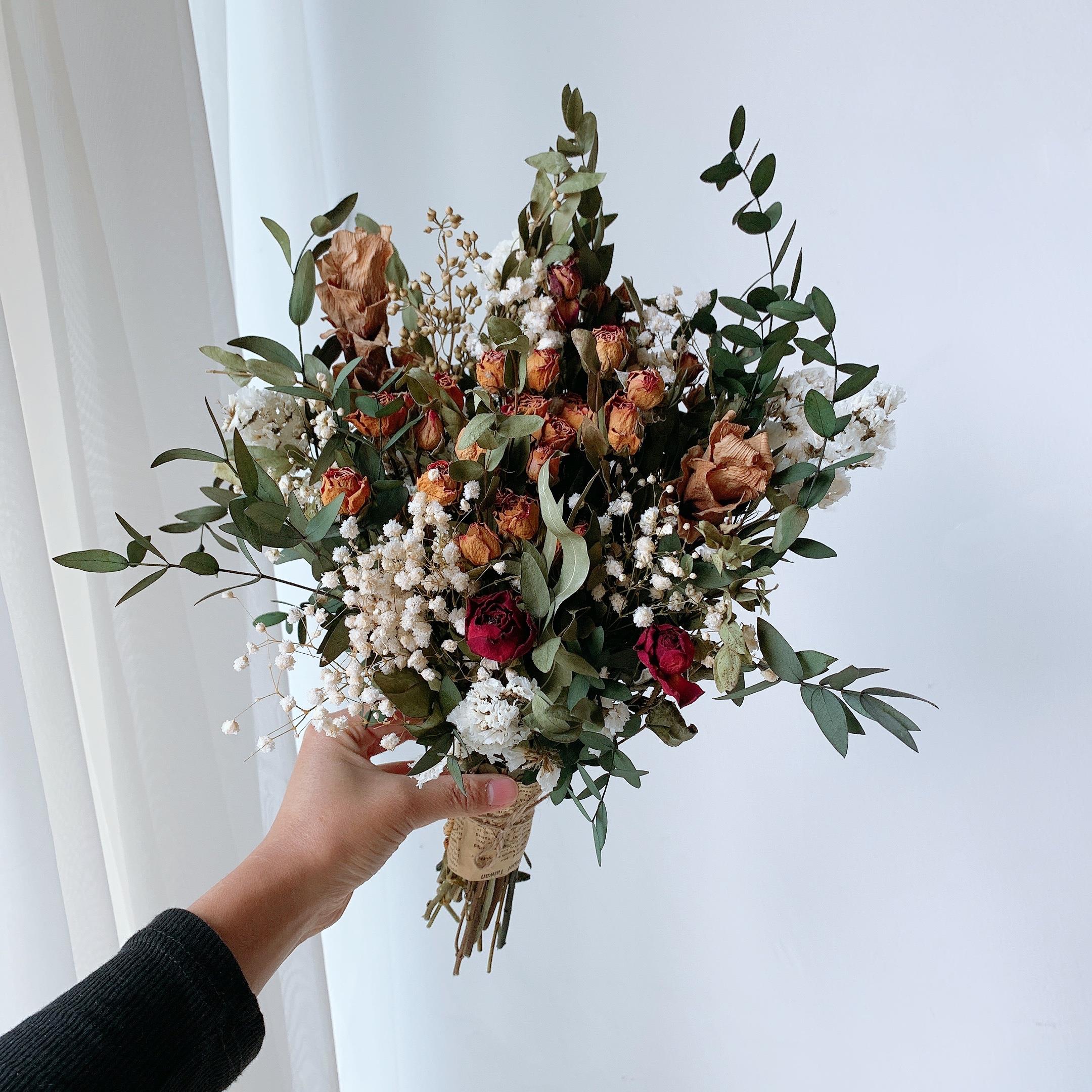 复古天然真花干花花束混搭满天星枯黄玫瑰原野做旧风家居装饰摆件