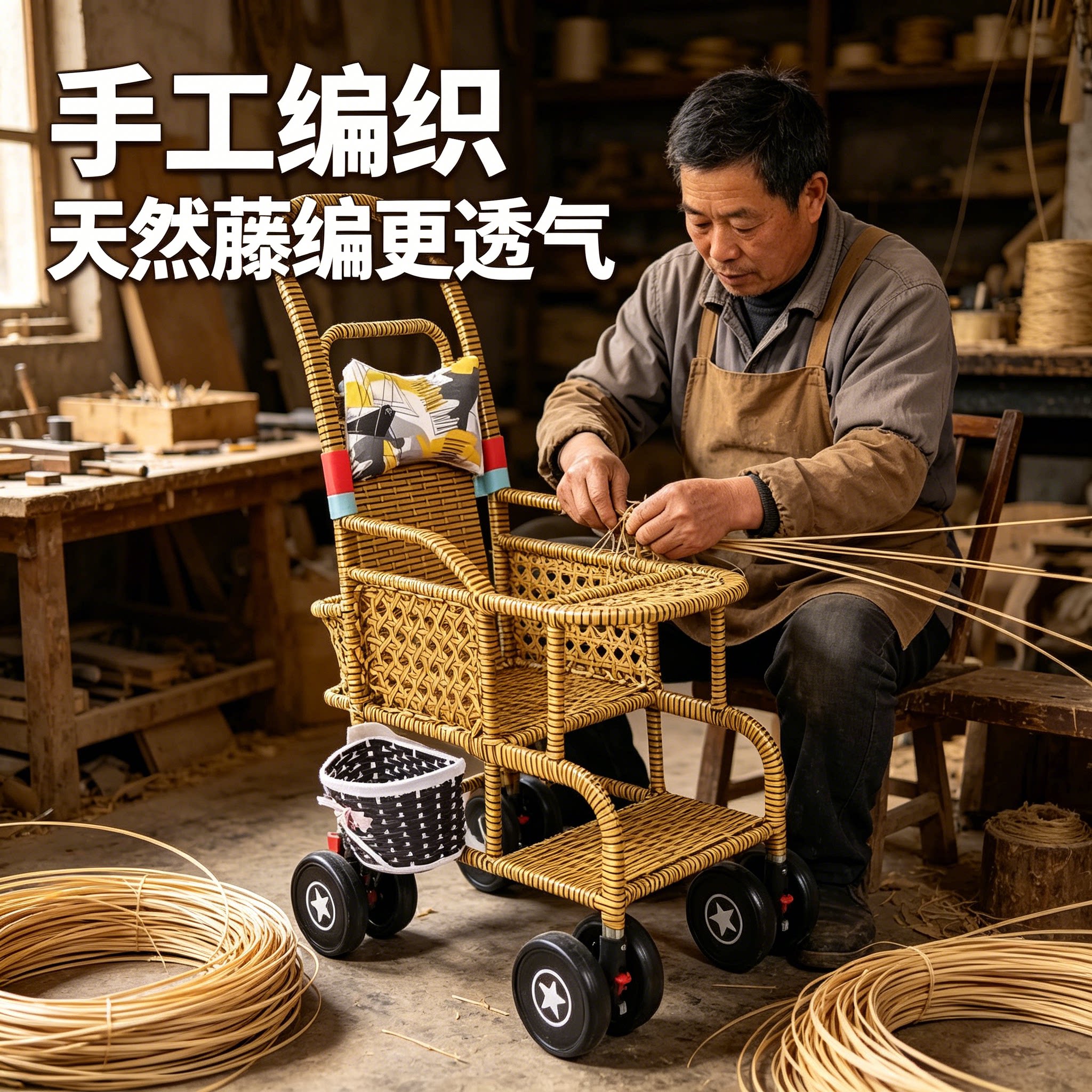 藤编婴儿推车手工编织天然藤编更透气复古可坐可躺折叠 ins 风车