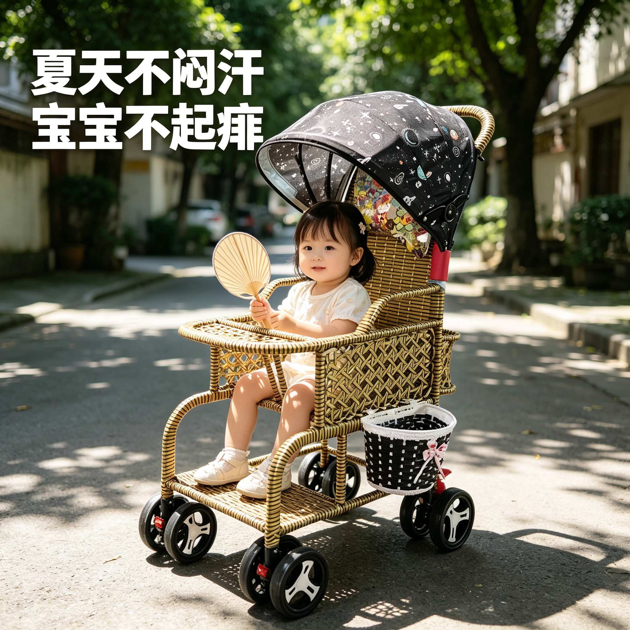 可坐可躺仿藤竹编婴儿推车轻便折叠夏季透气防痱子宝宝外出遛娃