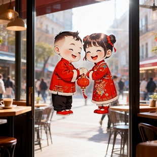 2026年汉服年画马年娃娃拜年贴纸汉服春节门贴家用房间贴画装饰