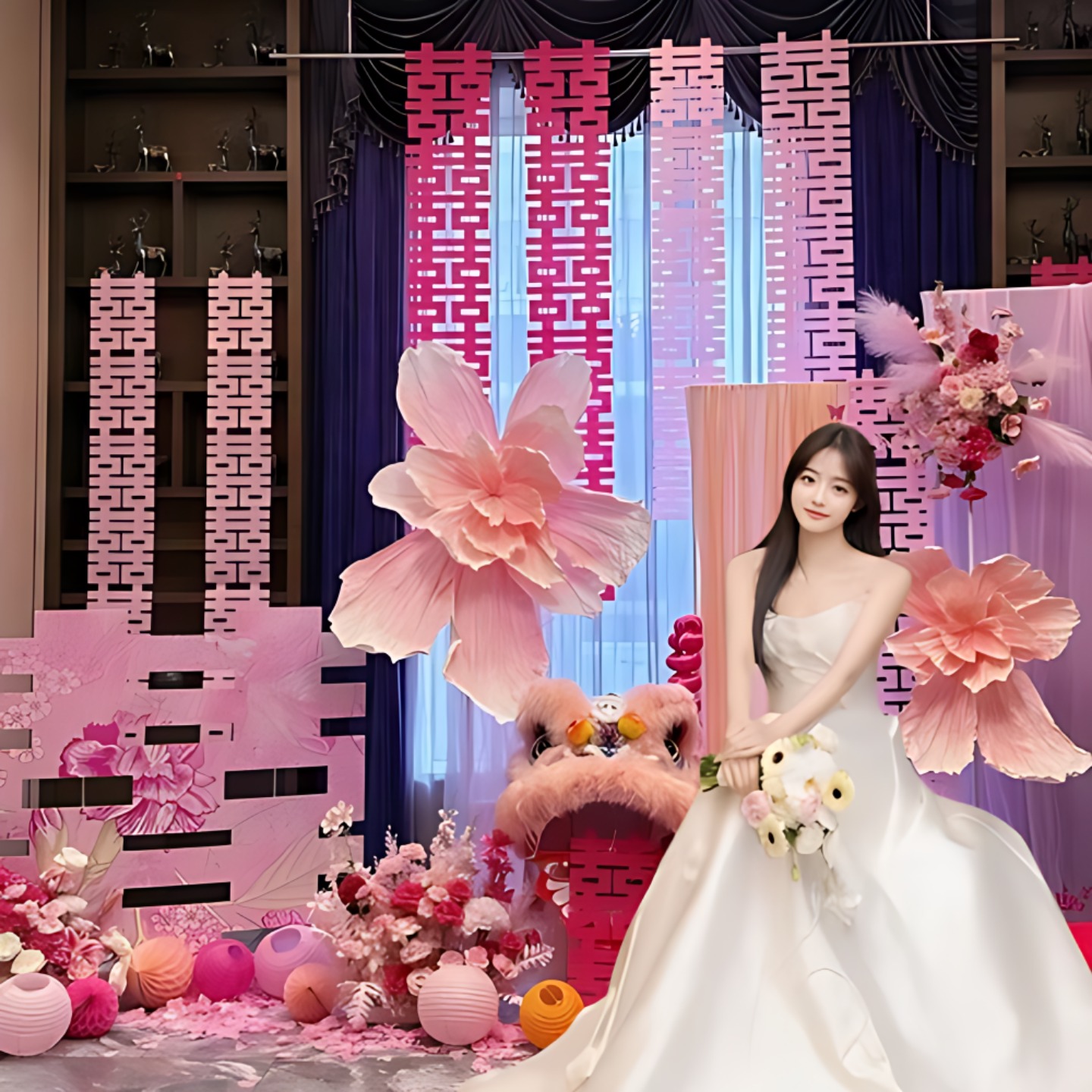 女方婚房布置娘家简单大方背景墙拍照装饰套装客厅阳台晨袍酒店