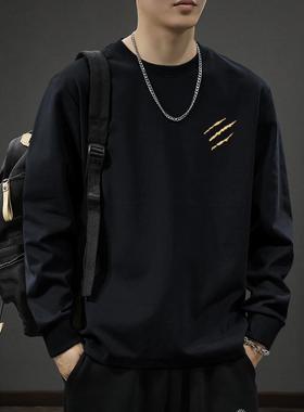 简木迹260克纯棉重磅新疆棉长袖T恤男秋冬宽松潮牌圆领上衣打底衫