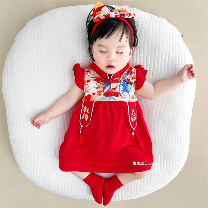 中式喜庆婴儿夏装女宝宝衣服连衣裙公主洋气周岁礼服抓周夏季夏天图片