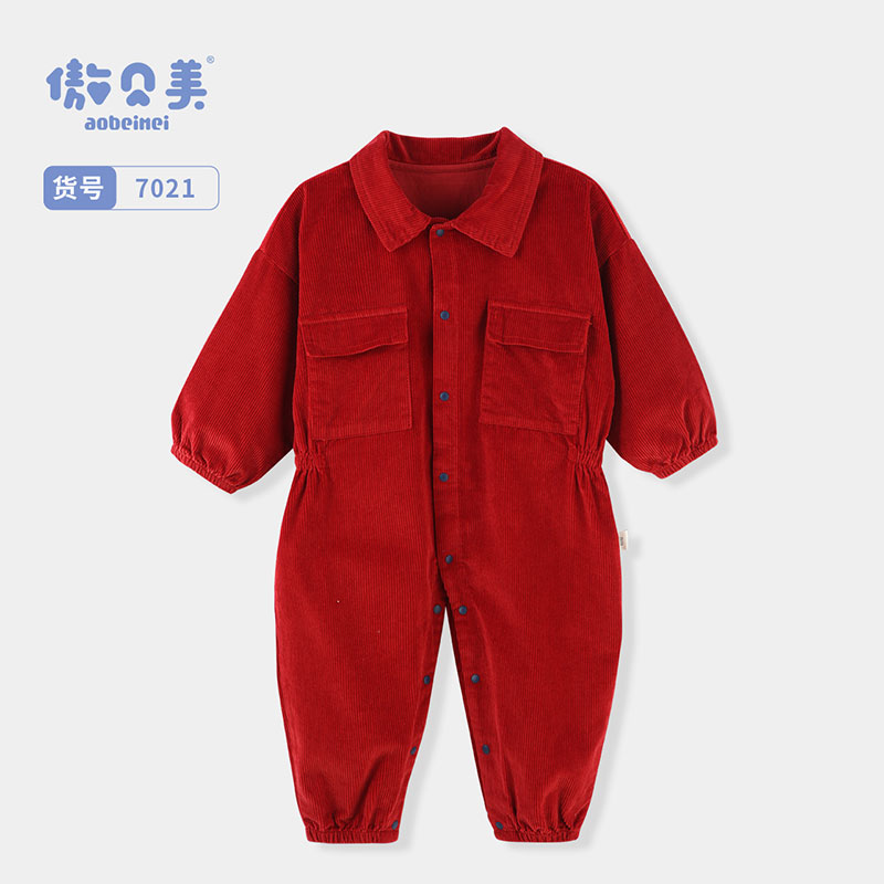 宝宝连体衣粗条绒防脏吃饭爬服儿童爬行衣服秋冬外穿婴儿爬爬服