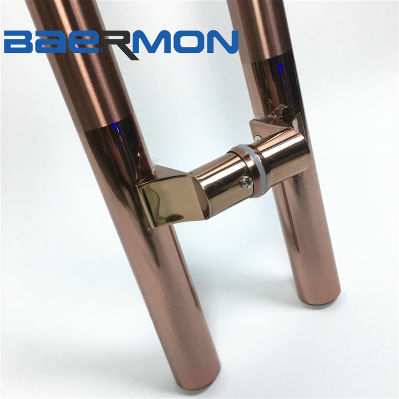 玻璃门拉手不锈钢拐脚圆管黑钛玫瑰金黄钛金斜偏位有框门鸭嘴脚厚