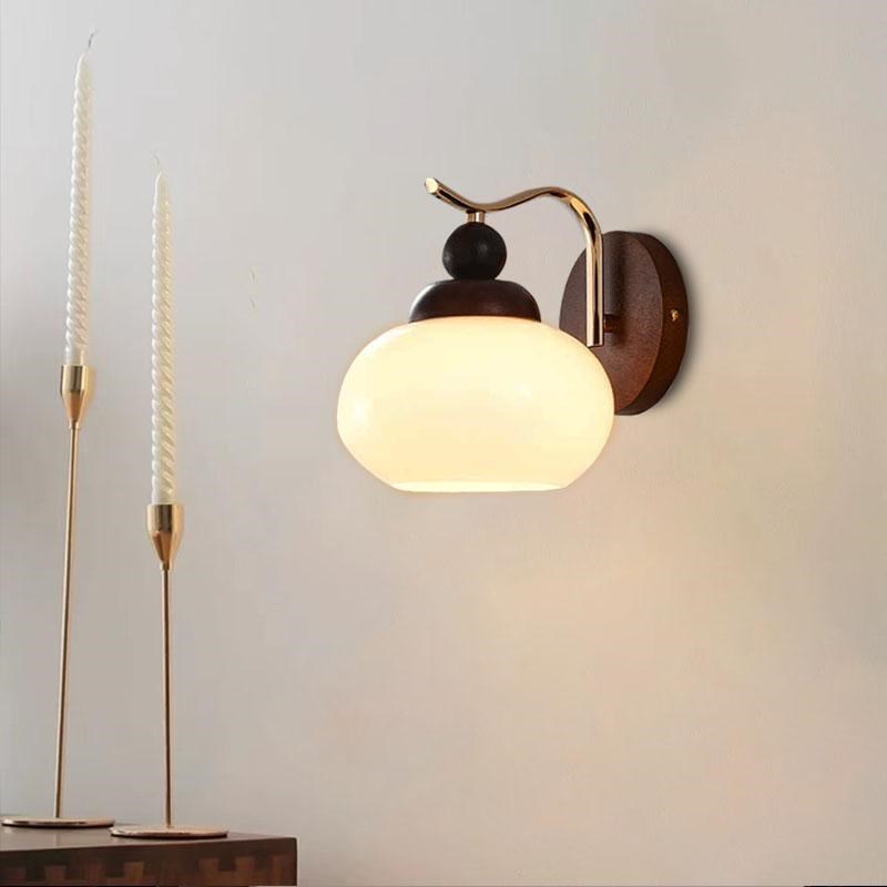 法式复古床头壁灯中古柿子玻璃卧室灯实木酒店走廊背景墙客厅灯具