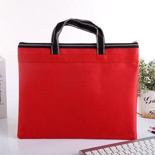 包邮红色拉链帆布袋A4手提文件袋双层袋会议袋资料公文包定制印刷