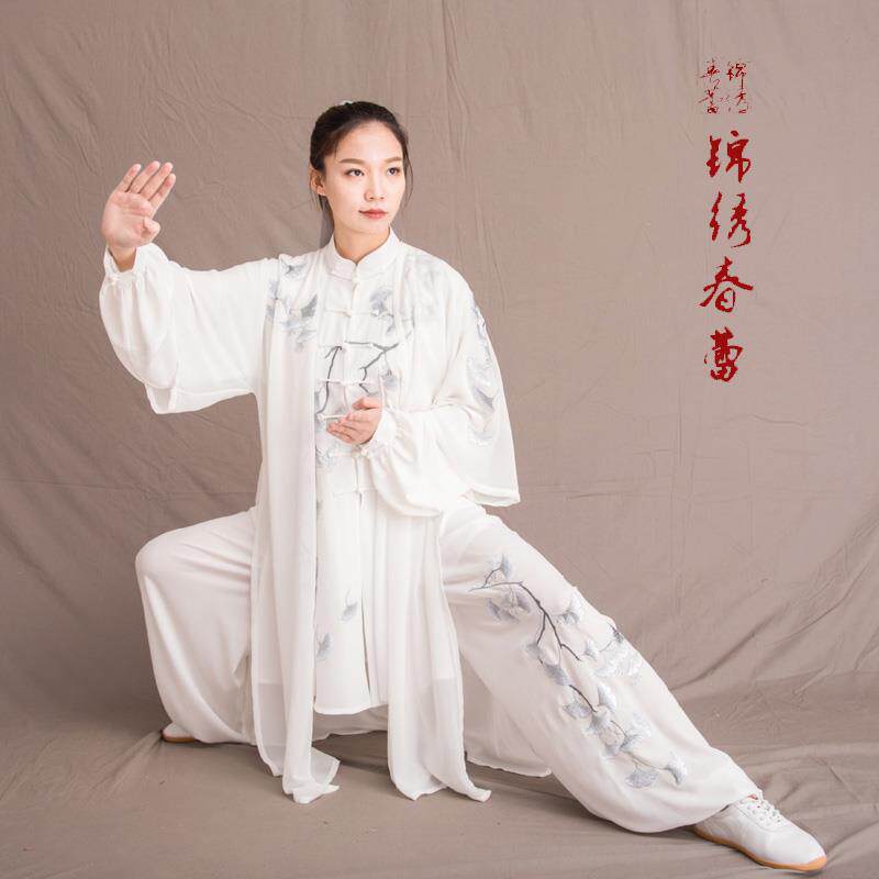 新款太极服男款春夏刺绣银杏飘武女式武术表演服大红长款定制服装