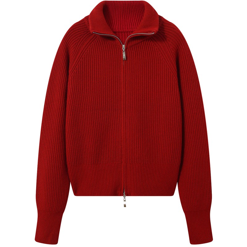 菲妮迪2025春新款红色高领纯羊毛针织开衫双开拉链毛衣外套女上衣