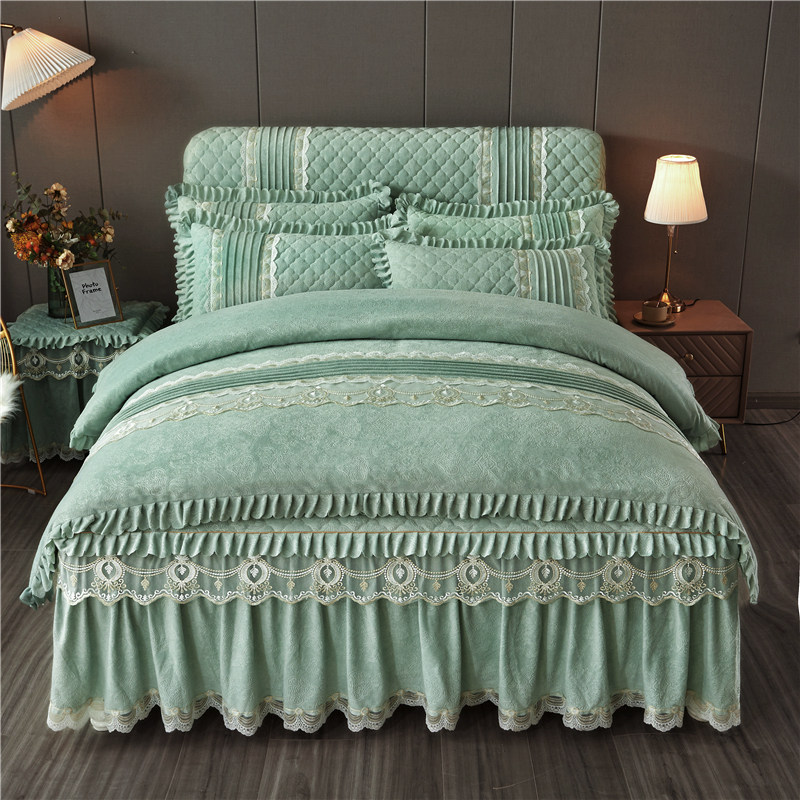 新款加厚水晶绒床裙式床罩四件套保暖牛奶法兰绒双面床单被套冬季