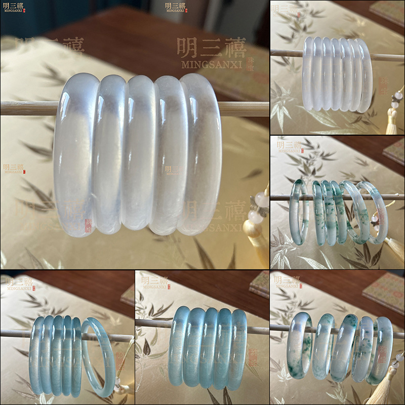 翡翠色高冰白色玉手镯石英岩冰种