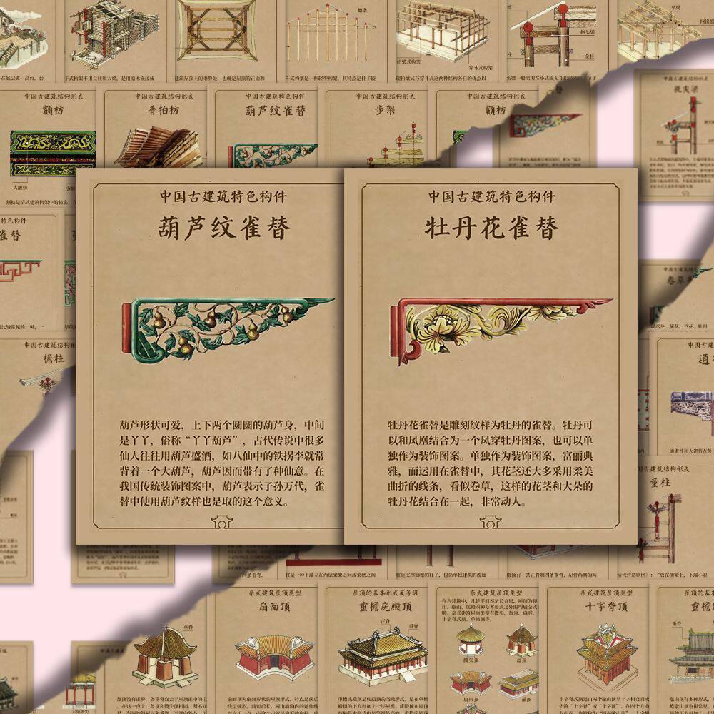 144张古建筑结构贴纸中国建筑科普历史文化装饰diy手账防水贴画