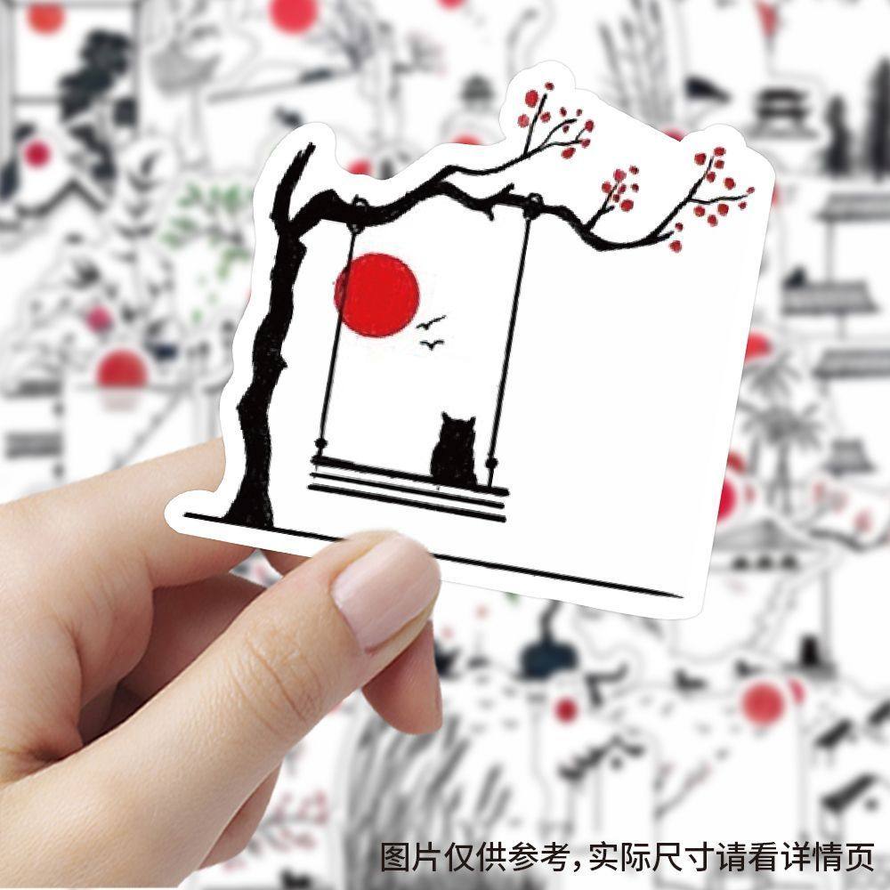 240张国风简笔画贴纸ins风简约黑白个性插画手账素材贴画DIY饰图