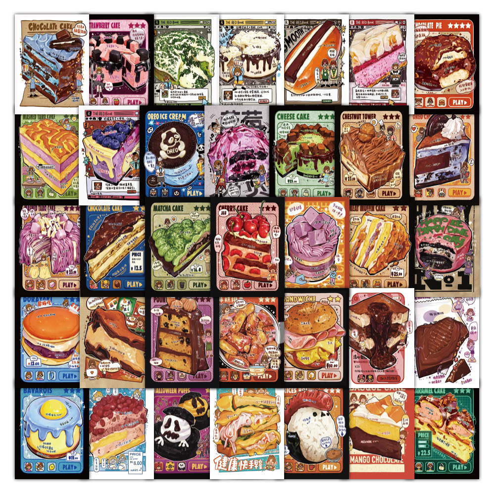 60张手绘甜品贴纸 蛋糕舒芙蕾泡芙多巴胺美食海报diy手账装饰贴画