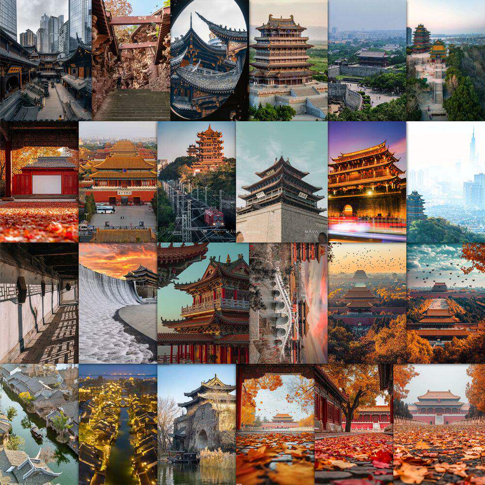 中国建筑背景图贴纸ins风复古