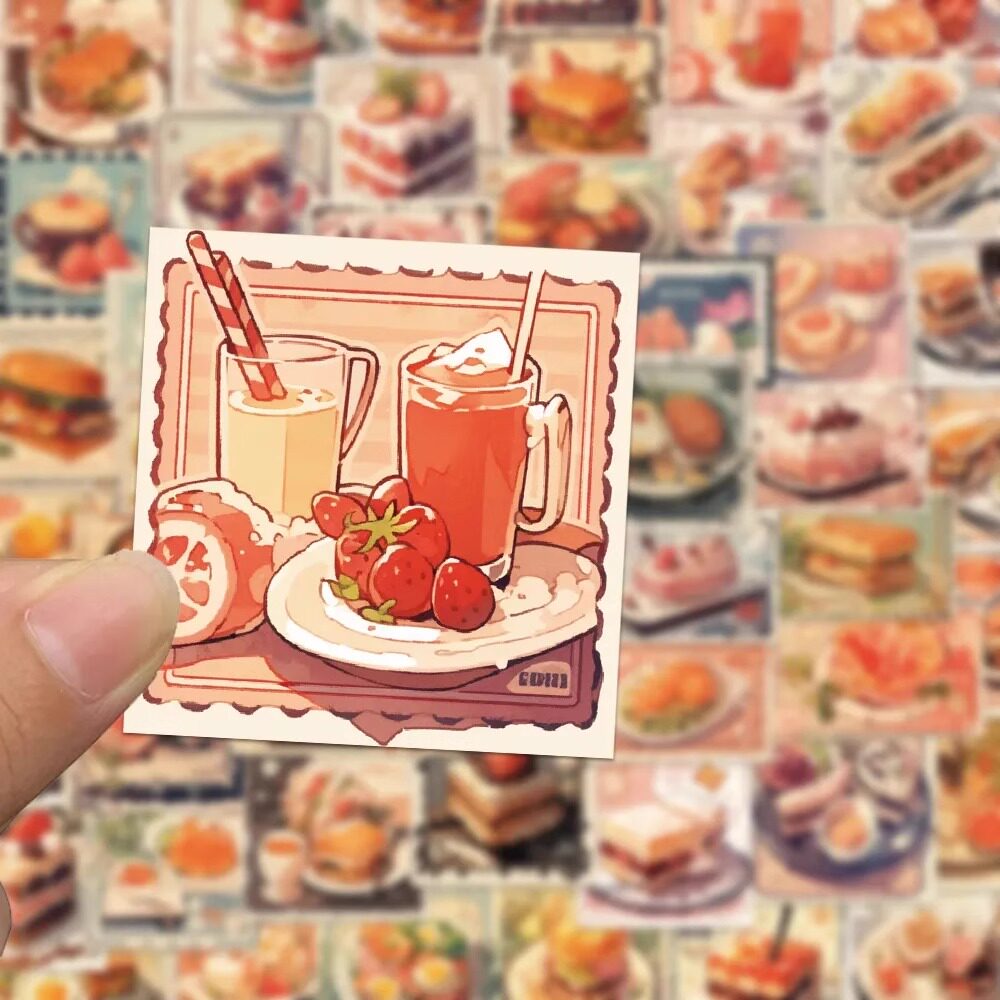 150张食物邮票贴纸卡通复古美食