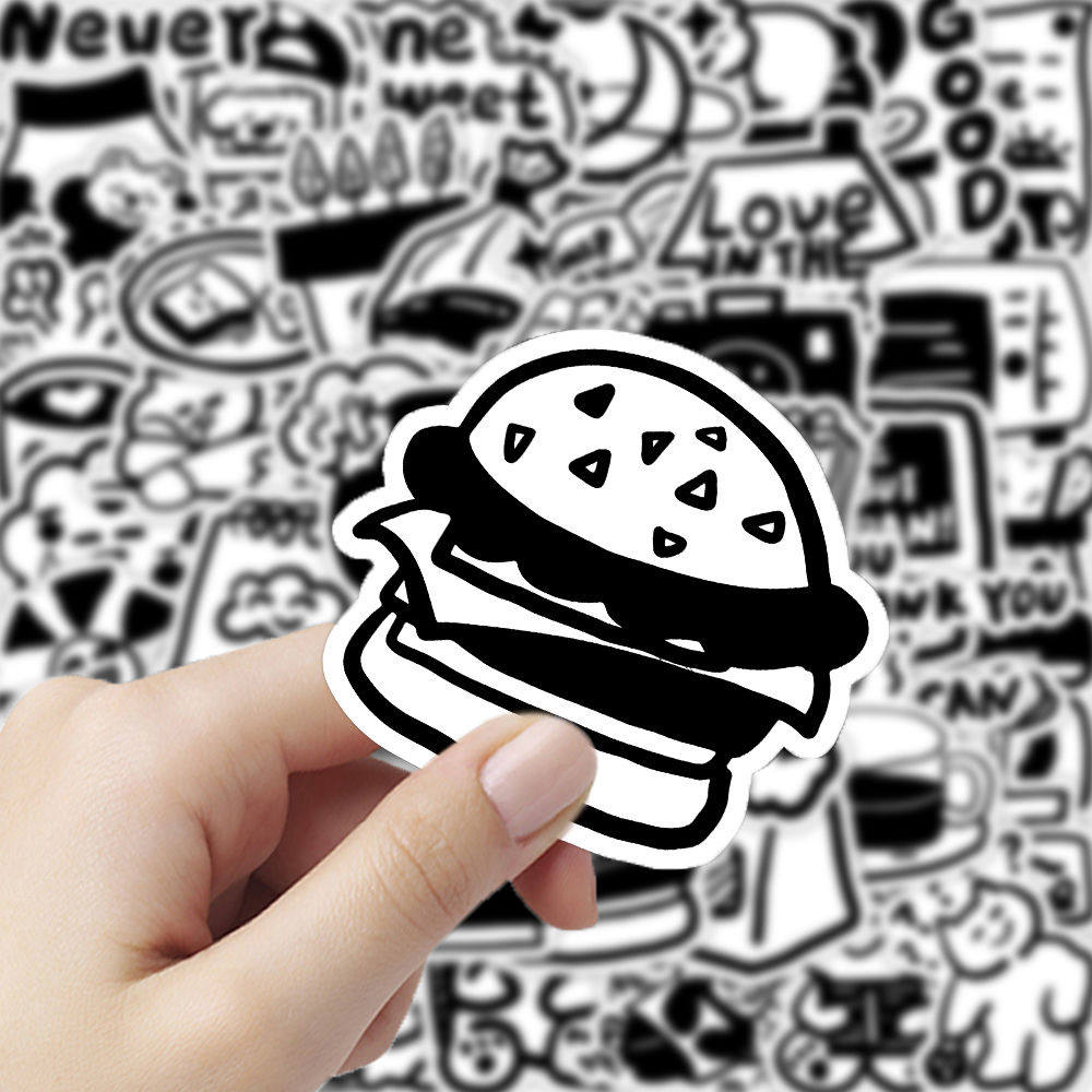 120张高级清新简约风黑白汉堡韩系贴纸ins简笔画创意涂鸦防水装饰