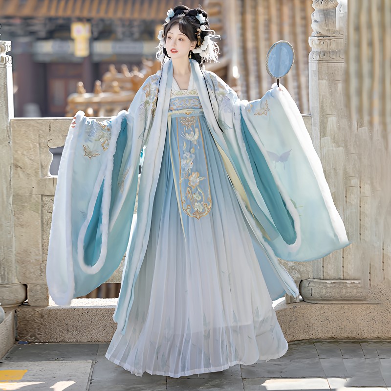 【山茶花事】新款重工绣花大袖衫原创齐胸褶裙冬季唐风汉服