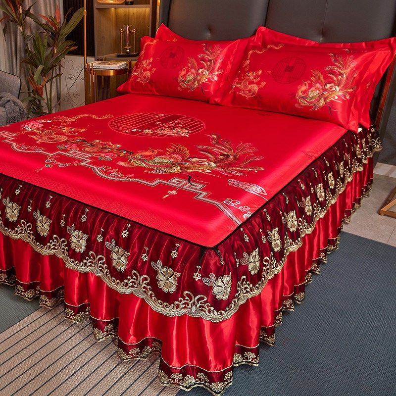 夏季婚庆凉席冰丝席三件套床裙款双人结婚席子可机洗折叠空调软席,床上用品,冰丝席,淘宝优惠券,粉丝福利购,淘宝优惠卷