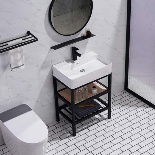 阳台陶瓷洗手盆不锈钢支架落地式洗脸盆小户型卫生间洗漱盆免打孔