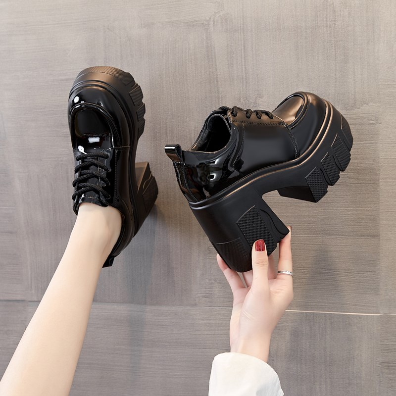 真皮12cm增高跟鞋女粗跟单鞋2024新款小个子厚R底英伦小皮鞋工作