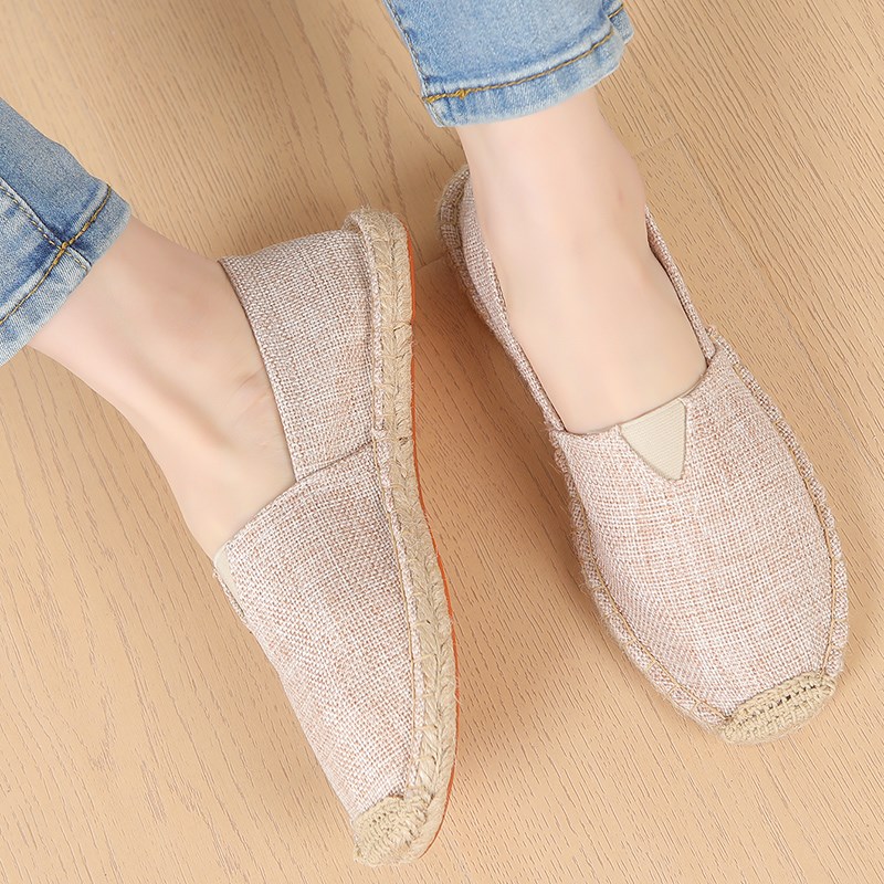 春夏季亚b麻底草编鞋男女一脚蹬懒人鞋透气休闲布鞋手工缝线渔夫