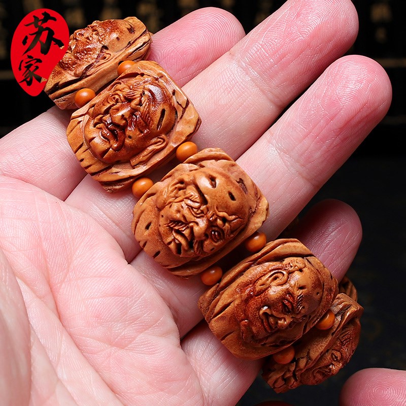 桃核手串罗汉手牌精品核雕文玩手持把件新品手工浮W雕手链男女款