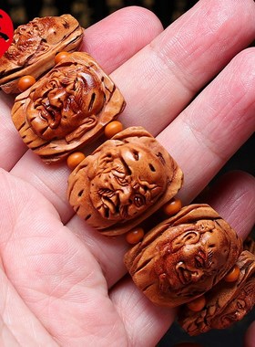 桃核手串罗汉手牌精品核雕文玩手持把件新品手工浮W雕手链男女款