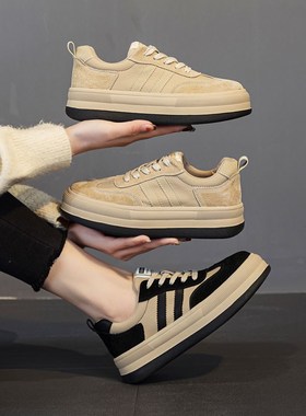 黑色厚底德训鞋女2024新款爆款大码D女鞋41一43百搭复古真皮小白