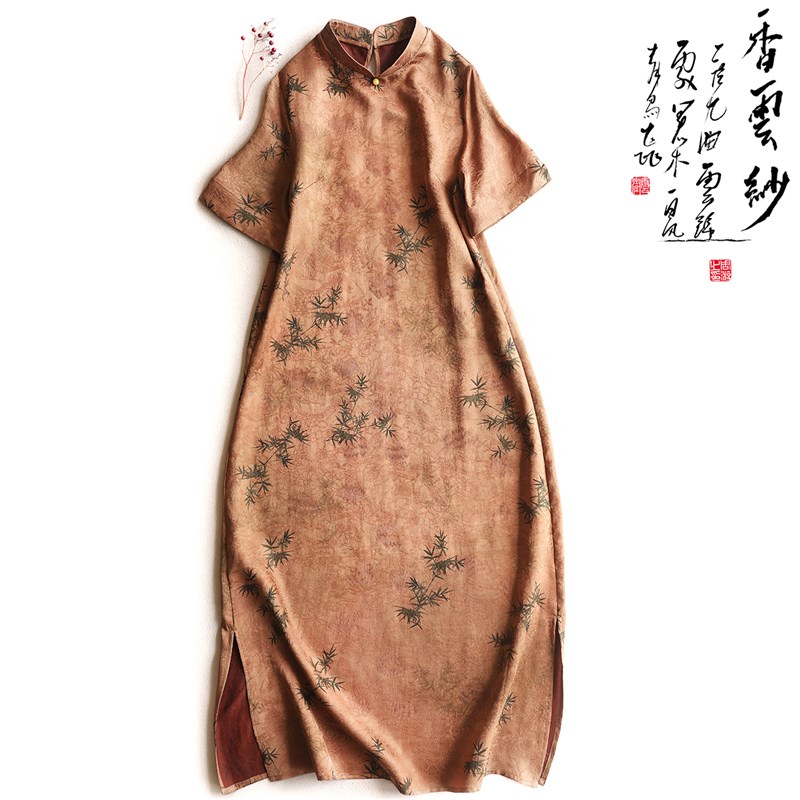 云澍花罗 香云纱中式书香气茶色旗袍连衣裙长裙文艺复古宽松A字裙图片