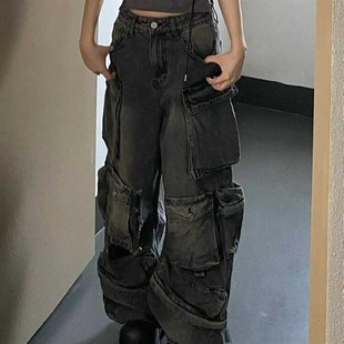 男女设计感宽松坠感拖地裤 大码 牛仔裤 街头重工水洗破洞工装 潮 美式