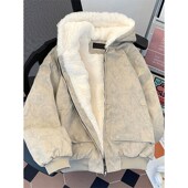 美式 特大码 胖mm加绒加厚连帽棉服女冬装 高街加厚保暖防寒棉衣外套