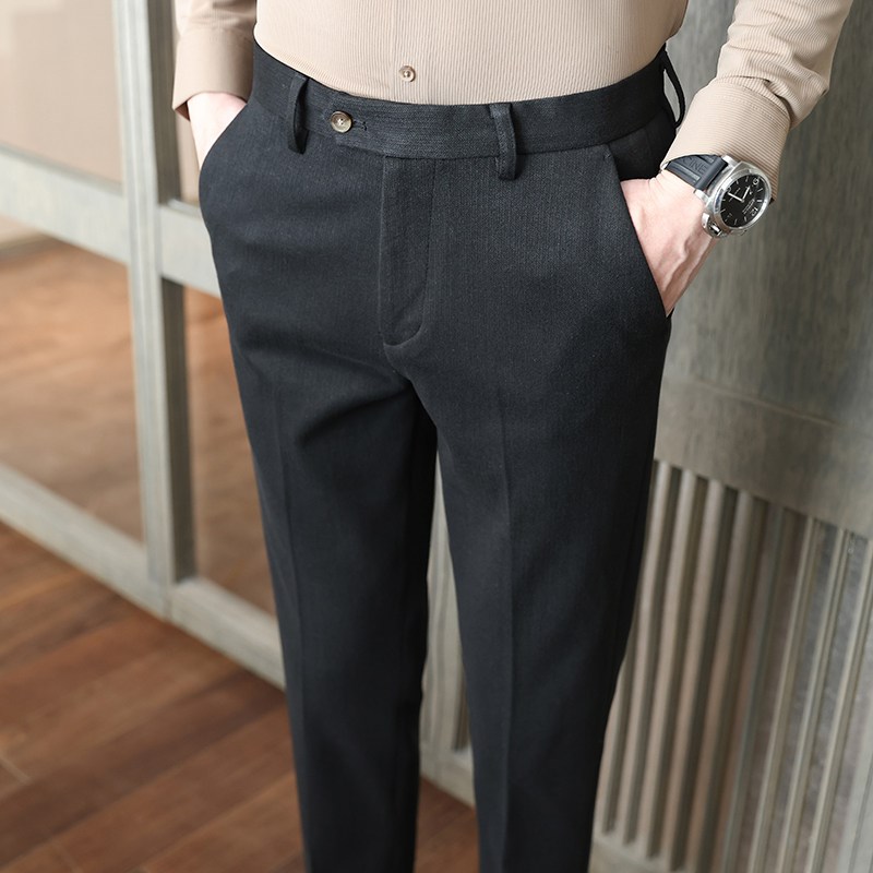 2024秋冬新款 英伦麦穗纹毛呢加厚纯H色西裤长裤商务休闲裤男裤子