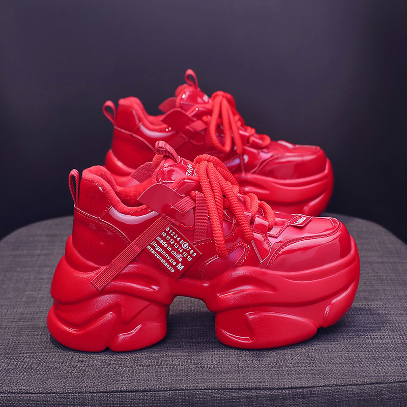 厚底老爹鞋女款2024新款u秋冬款加绒红色真皮小个子增高休闲运动