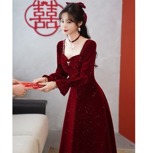 大码 敬酒服新娘2024秋冬红色结婚订婚回门气质礼服连衣裙平时可穿