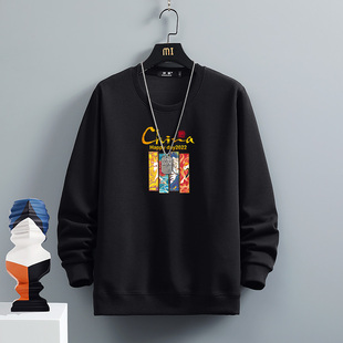 卫衣男加肥加大春秋季宽松u胖子潮大尺码圆领加绒加厚男士打底衫