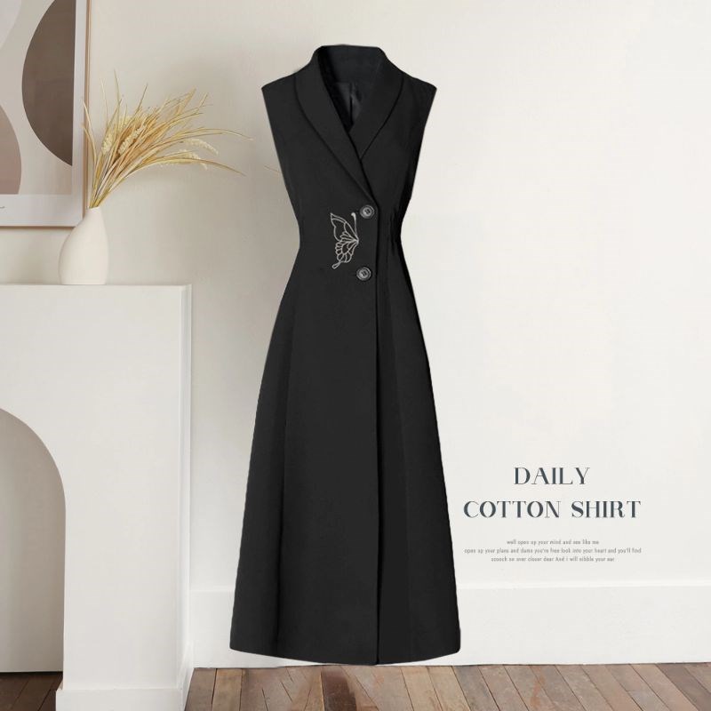 高端刺绣中长款无袖西装马甲连衣裙女背心裙春秋新气质外套6037-2