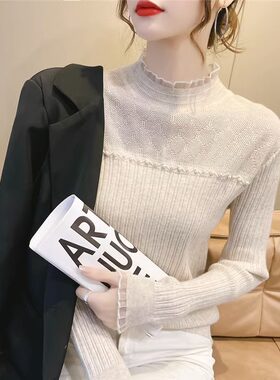 半高领打底衫女秋冬修身高t级感内搭蕾丝木耳边针织衫配大衣的上