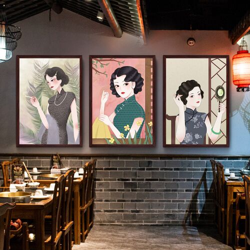 老上海民国风装饰画饭店壁画复古怀旧咖啡厅餐P厅旗袍美女酒店挂