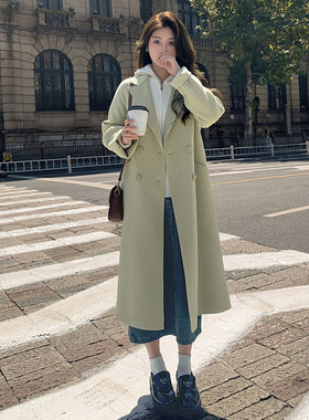 绿色双面羊绒大衣女2023秋冬新款韩版宽松中长版赫本风毛呢外套女