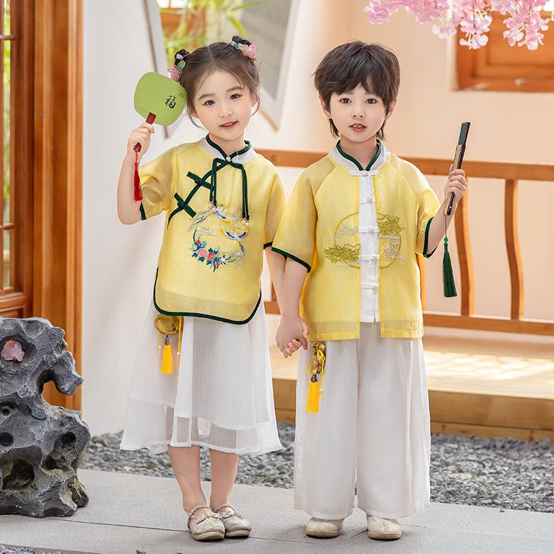 儿童汉服夏季中式男生唐装女宝古装合唱诗词朗诵六一幼儿园演出服