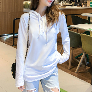 白色连帽长袖t恤女薄款2021春秋竹节纯棉卫衣韩版宽松内搭打底衫